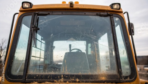 A closeup of a bulldozers cab window reflecting the surroundings while revealing streaks of grime and wear symbolizing the harsh conditions it operates in. photo