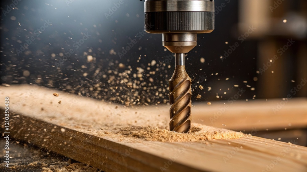 A closeup of a drill bit engaging a wooden joint with sawdust swirling in the light showcasing the dynamic and tactile elements of furniture construction. A closeup of a drill bit engaging a wooden joint with sawdust swirling in the light showcasing the dynamic and tactile elements of furniture construction.