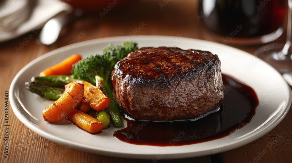 Gourmet steak dinner with grilled vegetables and sauce served on a white plate. Gourmet steak dinner with grilled vegetables and sauce served on a white plate.