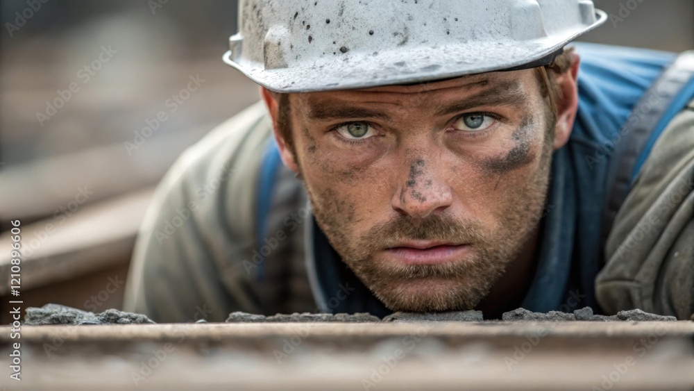 A closeup of a foremans face showing determination and concentration with dirt smudges on his cheek as he inspects the progress of a concrete pouring operation. A closeup of a foremans face showing determination and concentration with dirt smudges on his cheek as he inspects the progress of a concrete pouring operation.