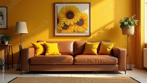 A cozy brown leather couch sits before a vibrant yellow wall, adorned with four inviting yellow pillows. A matching brown rug anchors the space, enhancing its warm and welcoming atmosphere photo