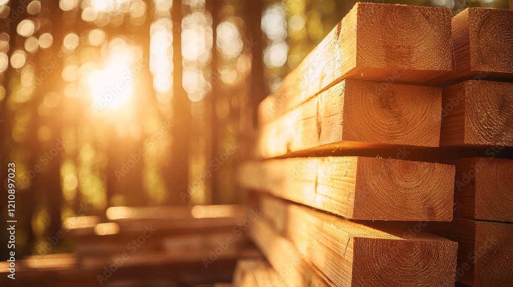 A stack of freshly cut wood planks, soft focus, natural forest setting, golden-hour lighting, warm earthy palette, showcasing rustic textures A stack of freshly cut wood planks, soft focus, natural forest setting, golden-hour lighting, warm earthy palette, showcasing rustic textures