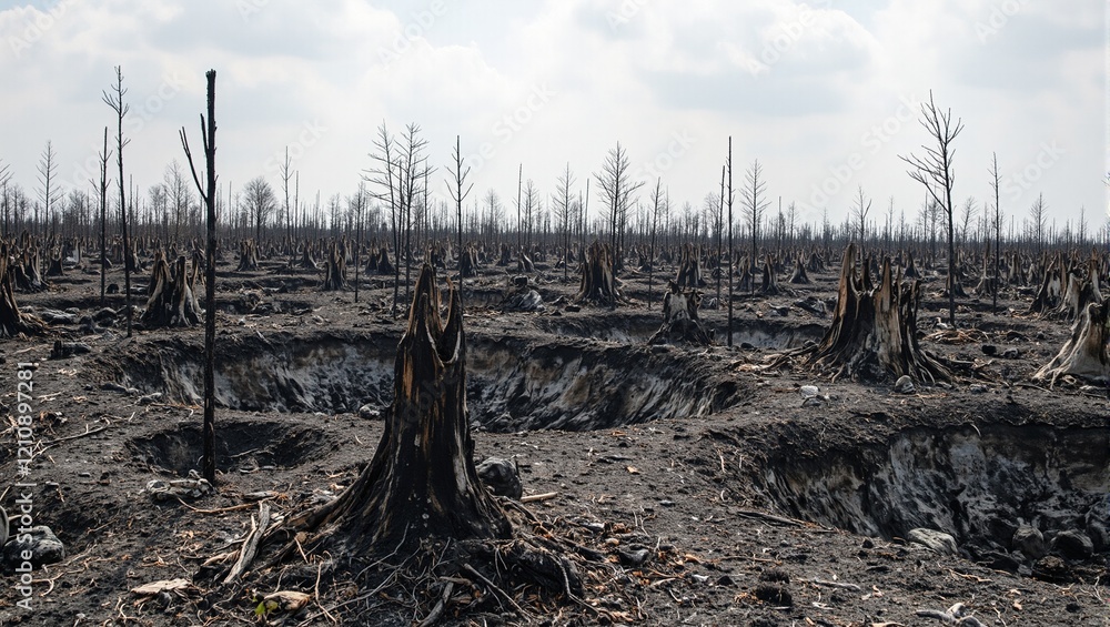 Post battlefield with charred stumps and craters thick with acrid smoke Post battlefield with charred stumps and craters thick with acrid smoke