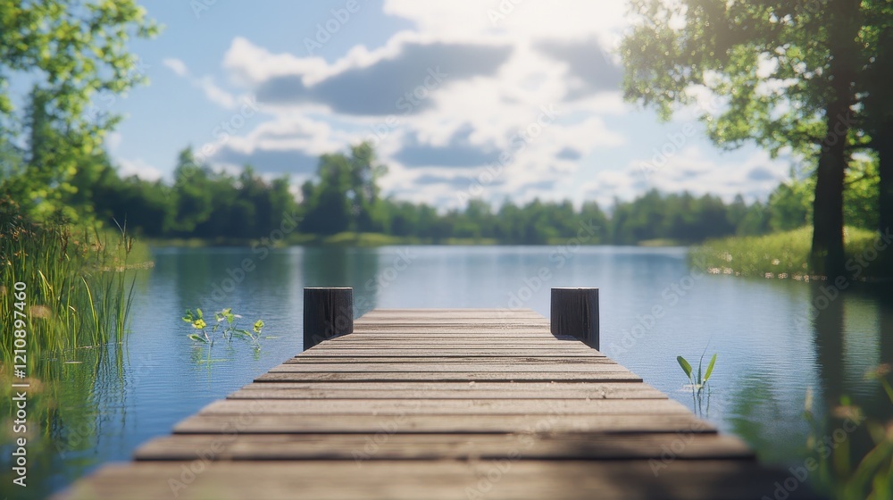 Fototapeta premium Scenic lake pier with tranquil water and fluffy clouds in sunny landscape