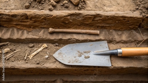 A closeup of a trowel sc away layers of sediment with a few tered small bones and artifacts lying on the surface hinting at the previous inhabitants of the site. photo