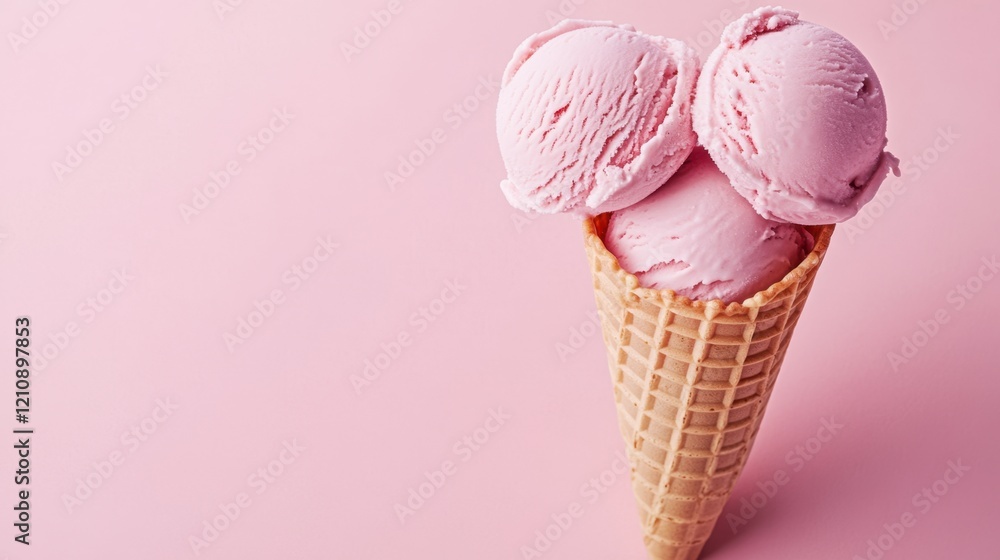 Pink ice cream scoops in a waffle cone against a pastel background, highlighting sweetness and simplicity. Pink ice cream scoops in a waffle cone against a pastel background, highlighting sweetness and simplicity.