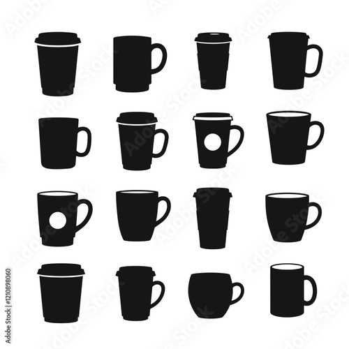 Coffee Cups and Mugs Icons silhouette with white background