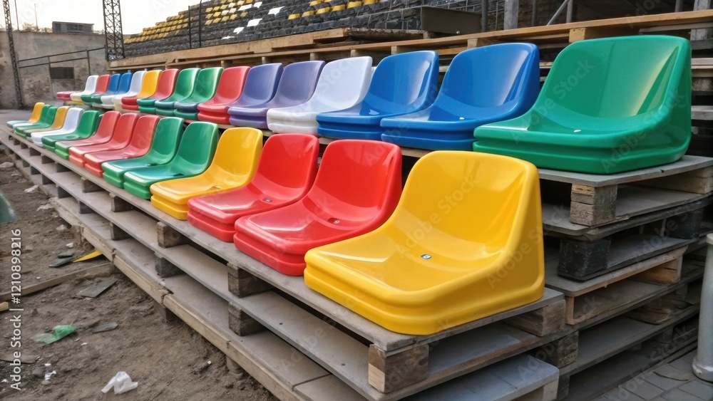 A closeup of colorful seating sections stacked on pallets showing various shades of plastic seats designed for fan comfort with construction debris tered around the area. A closeup of colorful seating sections stacked on pallets showing various shades of plastic seats designed for fan comfort with construction debris tered around the area.