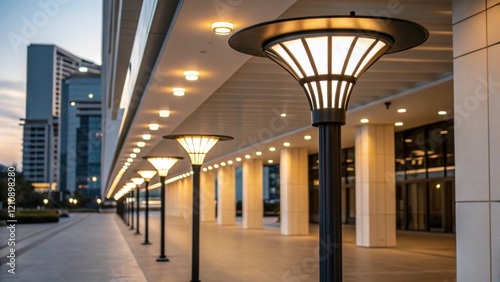 A closeup of energyefficient LED lighting installed in a modern open space casting a warm glow on the clean lines of the architecture creating a harmonious balance between comfort photo