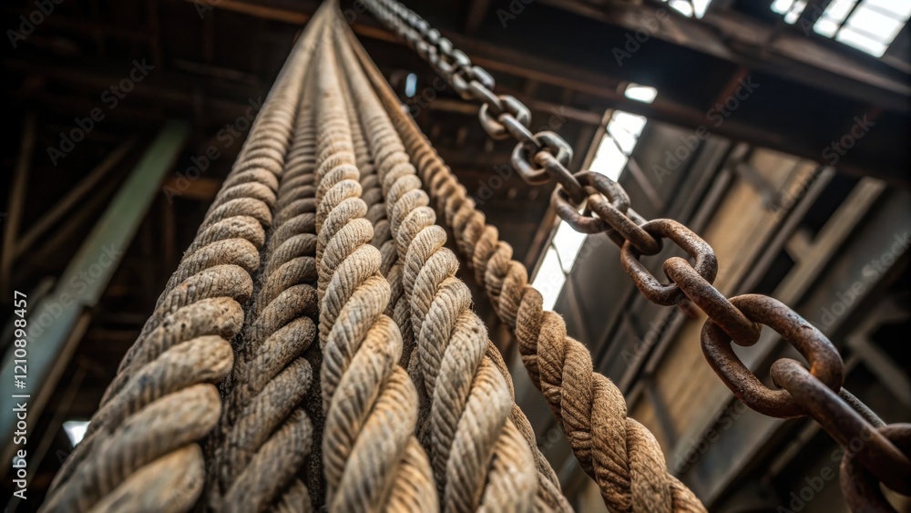 A closeup of heavyduty ropes and chains taut as they support a suspended load the texture highlighting wear and strength amidst the industrial setting. A closeup of heavyduty ropes and chains taut as they support a suspended load the texture highlighting wear and strength amidst the industrial setting.