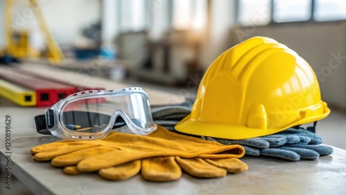 A closeup of safety gear accurately p on a workbench including gloves goggles and a hard hat representing the essential safety practices taught in the training program. photo