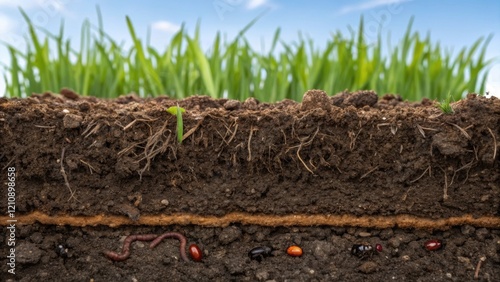 A closeup of soil layers being intentionally left undisturbed revealing rich organic material with various earthworms and beetles visible highlighting the importance of soil health
