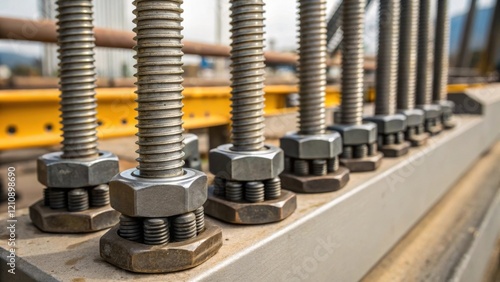 A closeup of specialized bolts and connectors used in highwind construction highlighting their robust design and materials meant to withstand extreme forces.