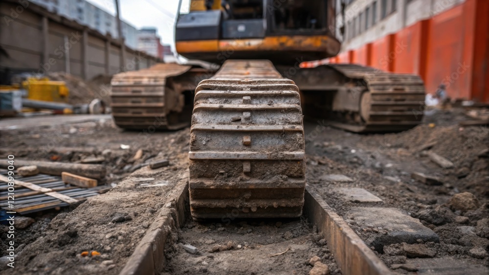 A closeup of the rugged tracks of the piling rig embedded in the ground with tered debris and construction materials nearby conveying the rugged environment of construction sites. A closeup of the rugged tracks of the piling rig embedded in the ground with tered debris and construction materials nearby conveying the rugged environment of construction sites.