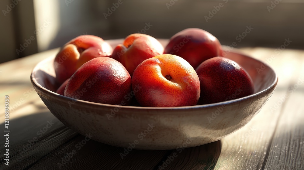Sunlit bowl of fresh nectarines on wooden table Sunlit bowl of fresh nectarines on wooden table