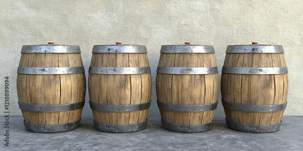 A serene depiction of old wooden barrels stacked in a rustic cellar. A serene depiction of old wooden barrels stacked in a rustic cellar.