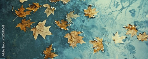Gentle image of leaves drifting atop a murky water surface.