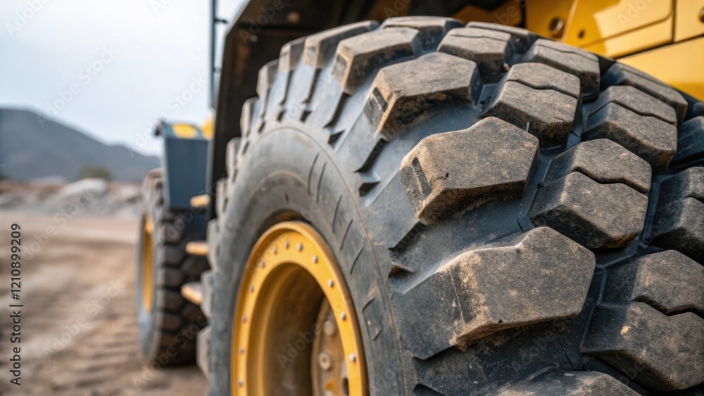 A closeup of the rugged tread on a selfdriving excavators tires capturing the texture and wear while showcasing its capability to navigate rough terrain with ease. A closeup of the rugged tread on a selfdriving excavators tires capturing the texture and wear while showcasing its capability to navigate rough terrain with ease.