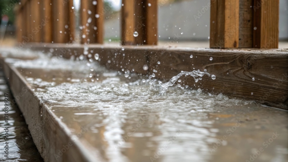 A closeup of the wet concrete splashing against the wooden forms capturing the dynamic motion and texture of the material as it fills the foundation. A closeup of the wet concrete splashing against the wooden forms capturing the dynamic motion and texture of the material as it fills the foundation.