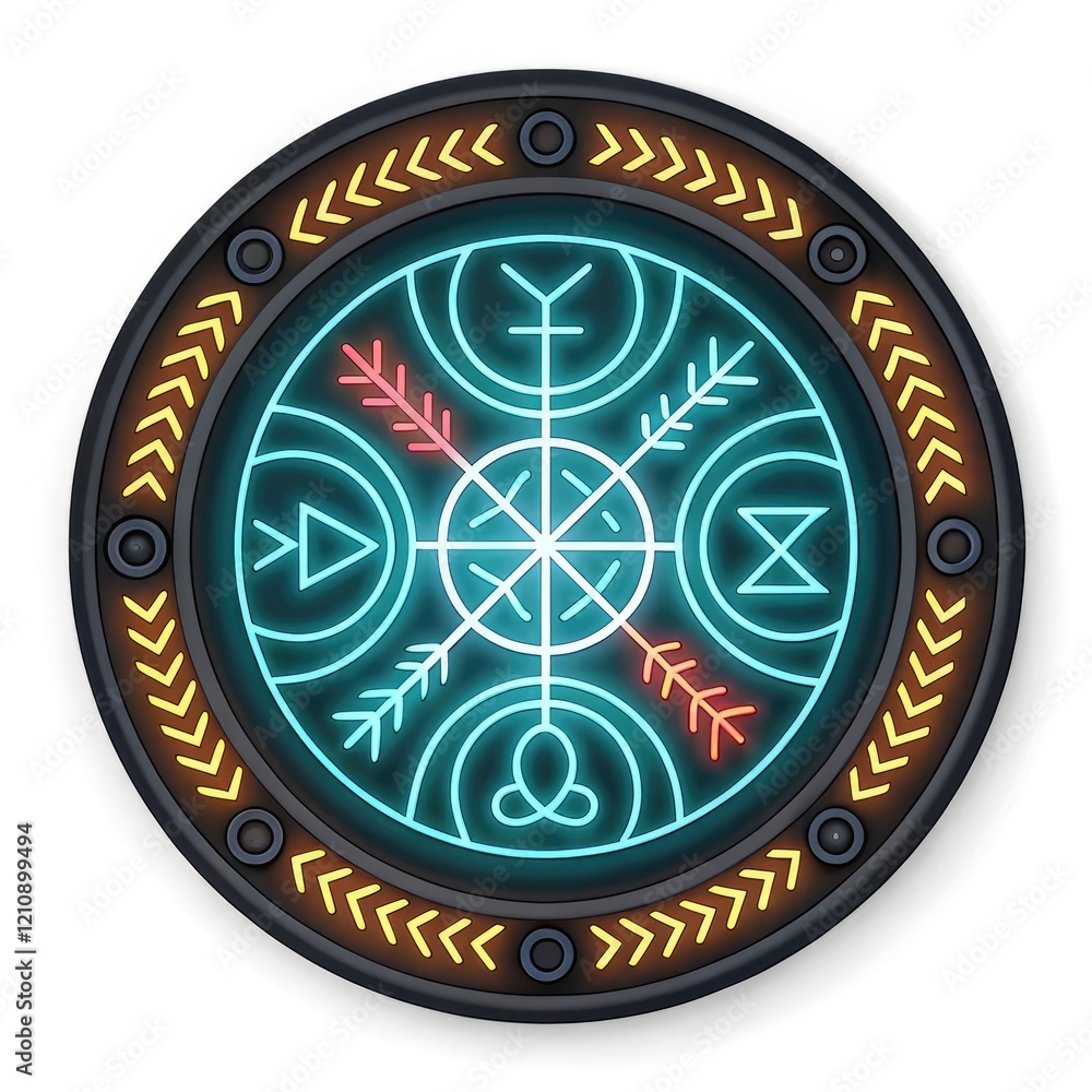 Intricate circular design with neon symbols and patterns in vibrant colors radiating a mystical aura Intricate circular design with neon symbols and patterns in vibrant colors radiating a mystical aura