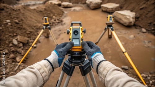 A closeup shot of a workers gloved hands holding surveying tools with a muddy ground surface and tered rocks in the foreground indicative of the preconstruction assessment process. photo