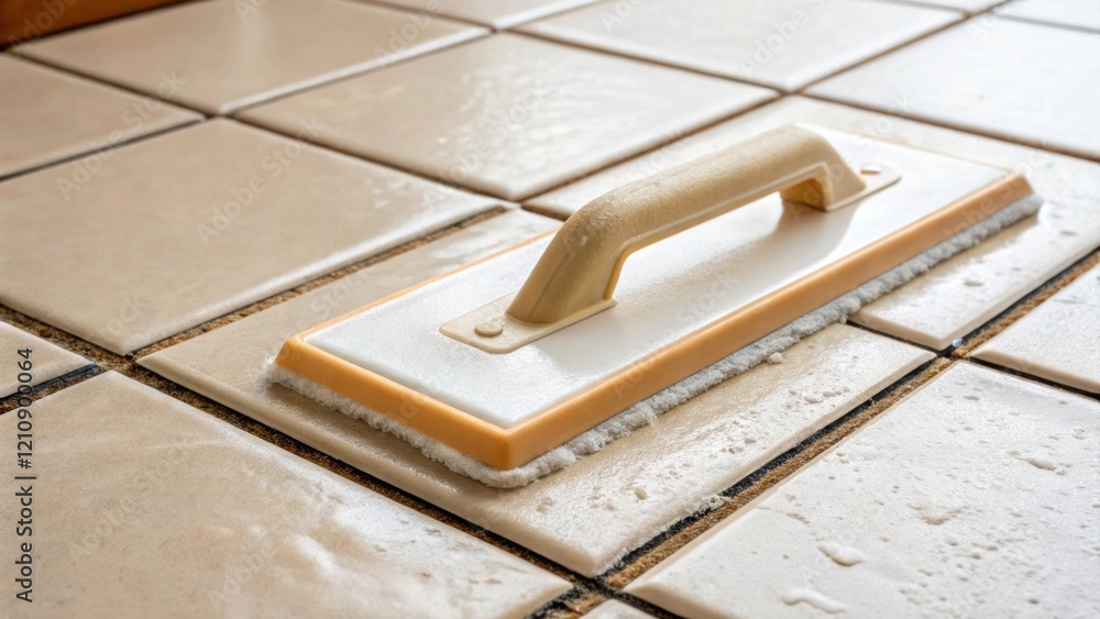 Obraz premium A closeup view of a grout float pressed against the tiles showcasing the slight pressure applied as it pushes the grout into place with tile edges sharply defined against the