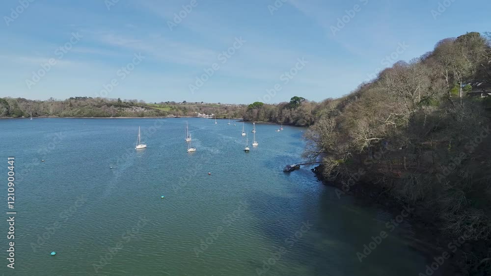 Dittisham and Greenway Quay and Ferry  from a drone, River Dart, Devon, England