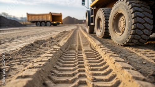 A detailed shot of the backhoes tracks deeply imprinted into the ground evidence of its movement as it maneuvers beside the dump truck emphasizing the power and stability of the