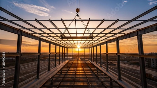 A drone shot capturing steel beams being hoisted high above with the shadows of the structure gradually taking shape beneath as the sun sets in the background.