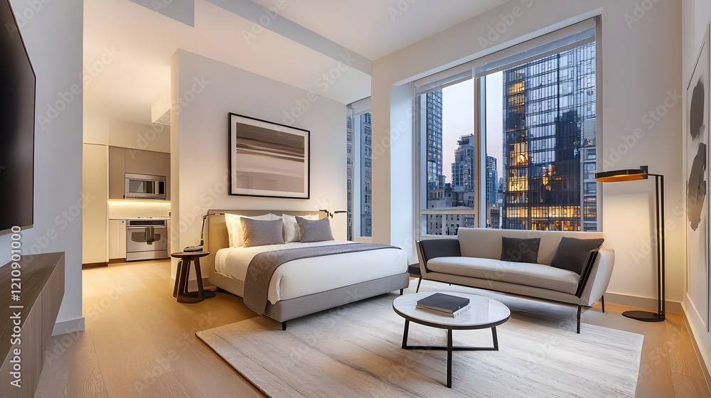 Sophisticated city studio apartment, high-end finishes, open space, clean lines, ample room for real estate text overlay, sleek design Sophisticated city studio apartment, high-end finishes, open space, clean lines, ample room for real estate text overlay, sleek design