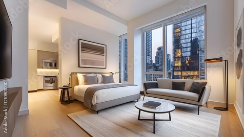 Sophisticated city studio apartment  high-end finishes  open space  clean lines  ample room for real estate text overlay  sleek design