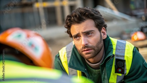 A medium closeup capturing the focused expression of the first aid responder as they assess the injured workers condition with the construction site tools and equipment blurred in photo