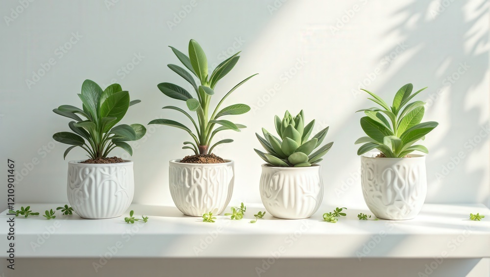 Elegant white ceramic pots adorned with intricate carvings, each cradling diverse plants, rest on a pristine shelf. A lush Zamioculcas graces the left Elegant white ceramic pots adorned with intricate carvings, each cradling diverse plants, rest on a pristine shelf. A lush Zamioculcas graces the left