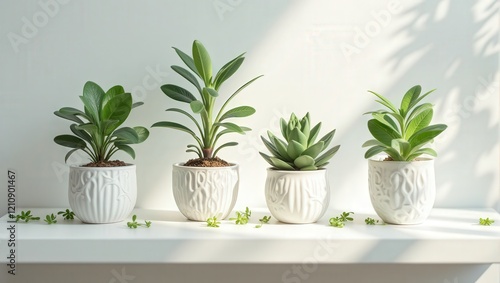 Wallpaper Mural Elegant white ceramic pots adorned with intricate carvings, each cradling diverse plants, rest on a pristine shelf. A lush Zamioculcas graces the left Torontodigital.ca