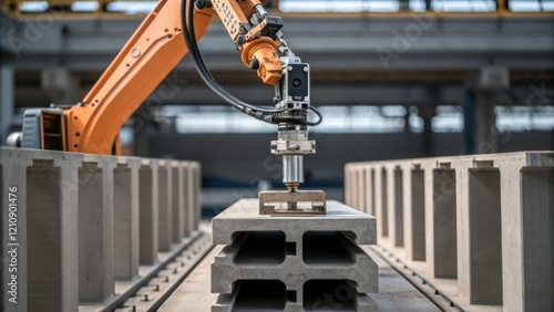 A medium closeup image of a robotic arm maneuvering over an evolving concrete framework highlighting the precision of the machine as it carefully layers material to form photo