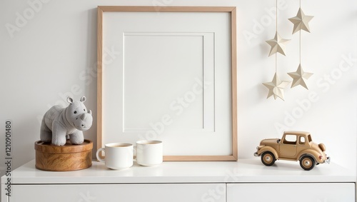 Elevated, intimate perspective captures a light-brown wooden frame resting atop a pristine white dresser against an equally clean backdrop. Within its borders lies a charmingly empty white square, hin photo