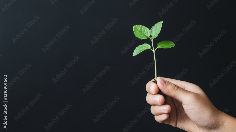 Hand holding a small green plant sprout against a dark background. Hand holding a small green plant sprout against a dark background.
