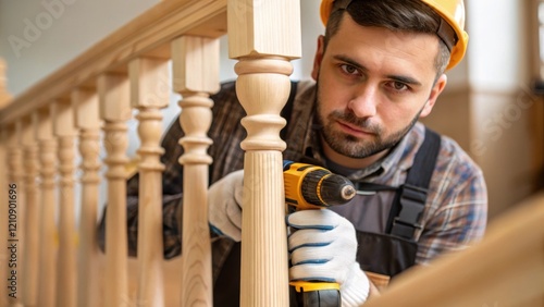 A medium closeup of a carpenter fastening a baluster to a handrail their concentrated face reflecting a commitment to precision as they work with a power drill.
