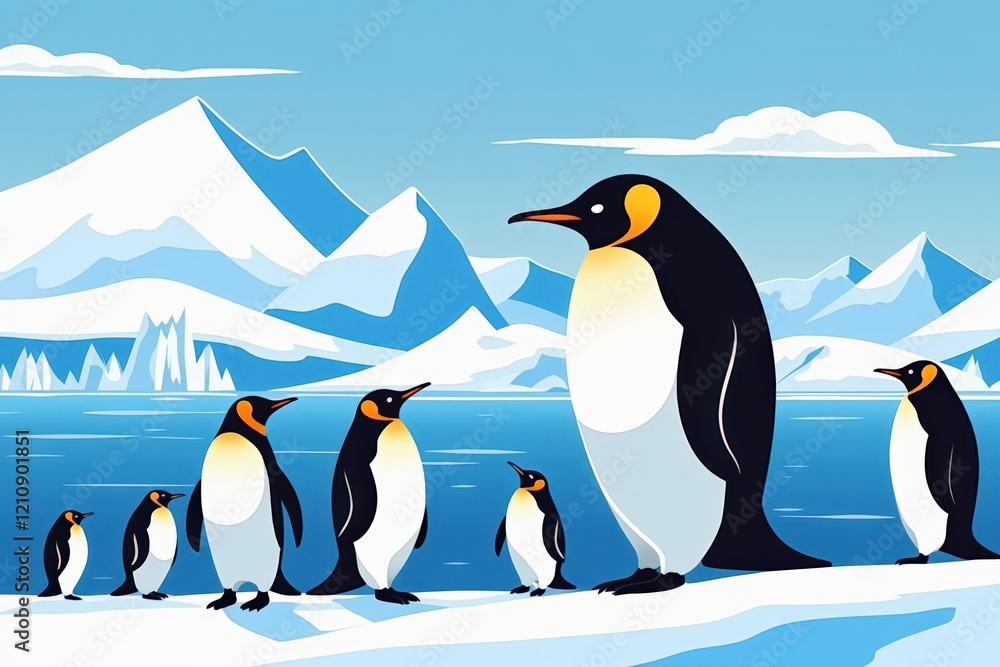 Obraz premium Colorful Illustration of a Family of Emperor Penguins Walking on Ice in a Beautiful Glacier Landscape Under Bright Blue Sky