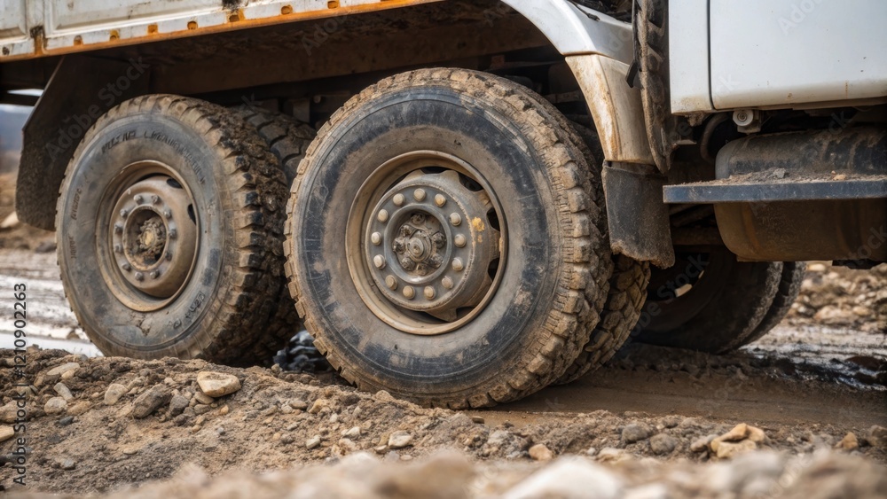 A medium closeup of a delivery trucks wheels showcasing the tread and mud caked on them hinting at the rugged terrain navigated to reach the construction site. A medium closeup of a delivery trucks wheels showcasing the tread and mud caked on them hinting at the rugged terrain navigated to reach the construction site.