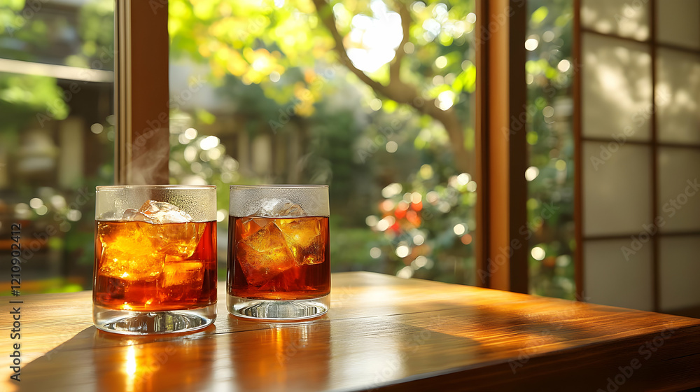 Two Glasses of Iced Tea on Wooden Table with Garden View Two Glasses of Iced Tea on Wooden Table with Garden View