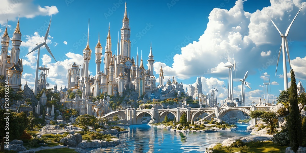 Fototapeta premium A majestic fantasy city with towering castles, bridges, and wind turbines, set against a bright, sunny sky. Ideal for fantasy, fairytale, and sustainable energy themes.