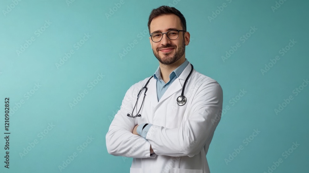 Happy Physician Man Smiling Looking Aside Posing With Stethoscope Near Copy Space Standing In Hospital. Doctor's Portrait Happy Physician Man Smiling Looking Aside Posing With Stethoscope Near Copy Space Standing In Hospital. Doctor's Portrait