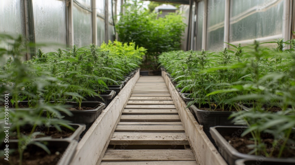 Indoor cannabis plants growing in rows inside a greenhouse with wooden pathway. Indoor cannabis plants growing in rows inside a greenhouse with wooden pathway.