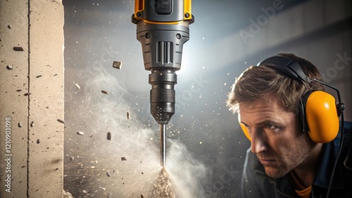 A medium closeup of an electric hammer drilling into concrete with fragments flying off and dust illuminated in the air as a worker adjusts his ear protection in the foreground. photo