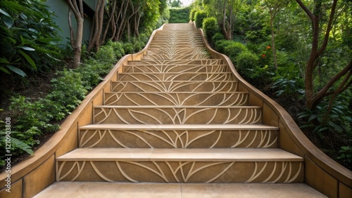 A medium closeup of a staircase designed like a vine with organic flowing lines and asymmetrical steps that evoke a sense of movement and growth encouraging users to engage with photo