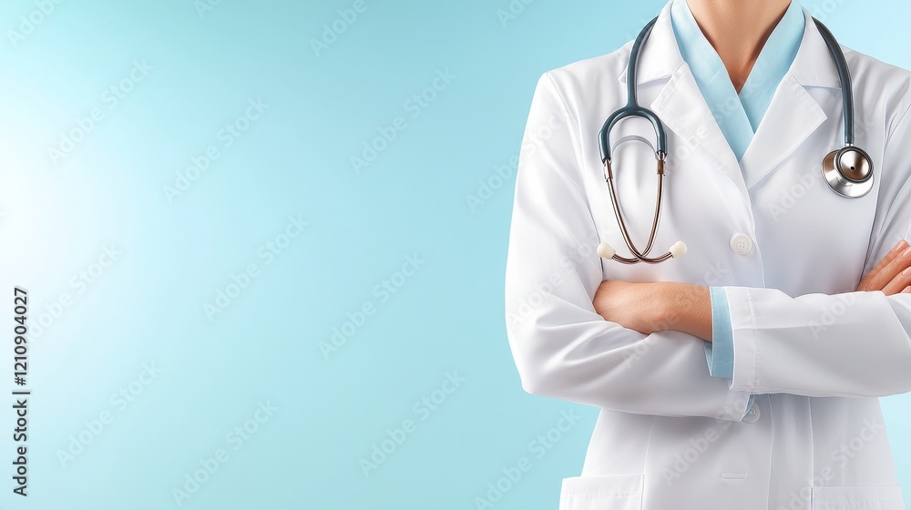 Woman doctor with stethoscope close-up, serene look, gentle lighting, and copy space for medical themes, detailed digital rendering Woman doctor with stethoscope close-up, serene look, gentle lighting, and copy space for medical themes, detailed digital rendering