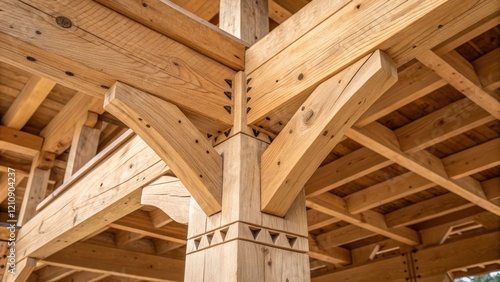 A medium closeup of a wooden beam structure featuring handcarved joints and notches that demonstrate sustainable sourcing and traditional joinery ods capturing the strength and photo