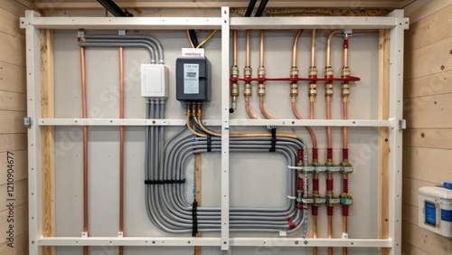 A medium closeup of electrical and plumbing systems being integrated into the walls of a prefabricated unit focusing on the meticulous nature of the installations.