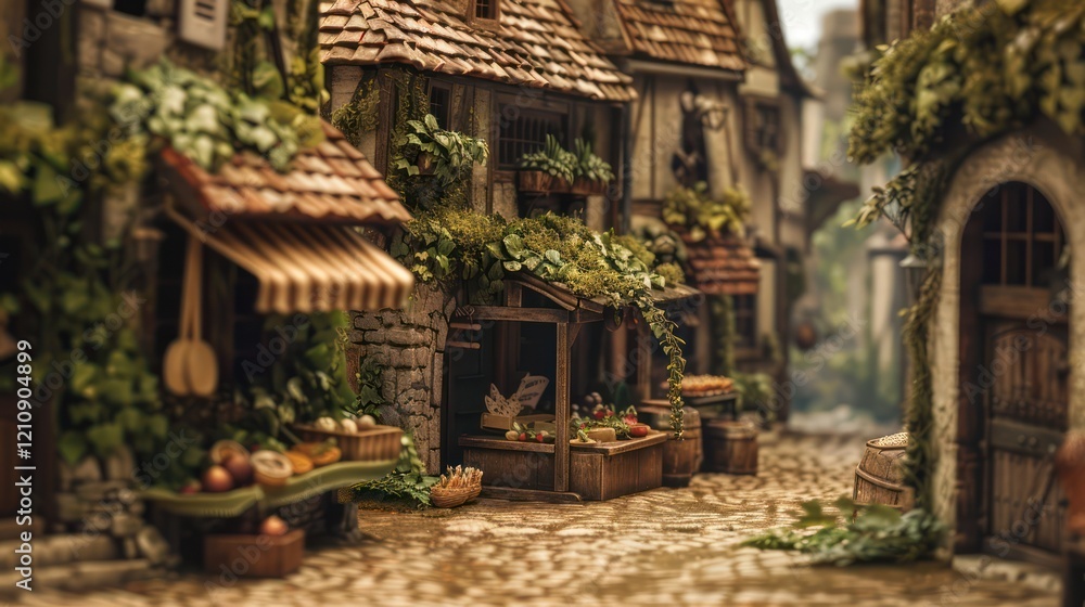 A medieval European village street with a stone cottage, ivy-covered walls, a cobblestone alley, and a market stall selling fresh bread and vegetables A medieval European village street with a stone cottage, ivy-covered walls, a cobblestone alley, and a market stall selling fresh bread and vegetables